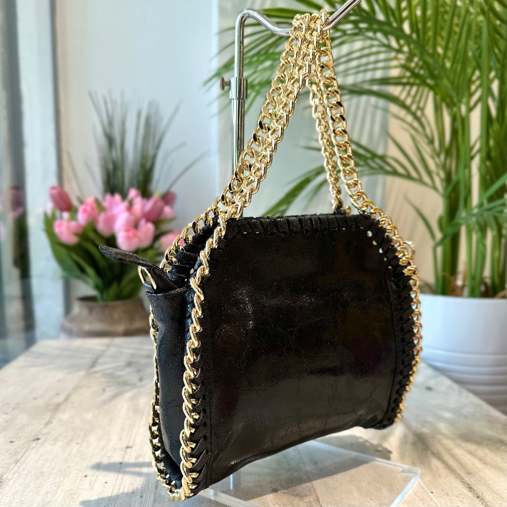Borsa con Catena Dorata in Pelle Metallizzata Nera - 2