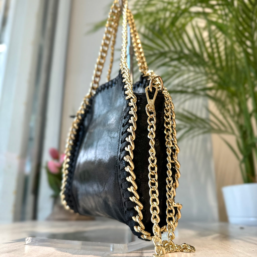 Borsa con Catena Dorata in Pelle Metallizzata Nera - 3