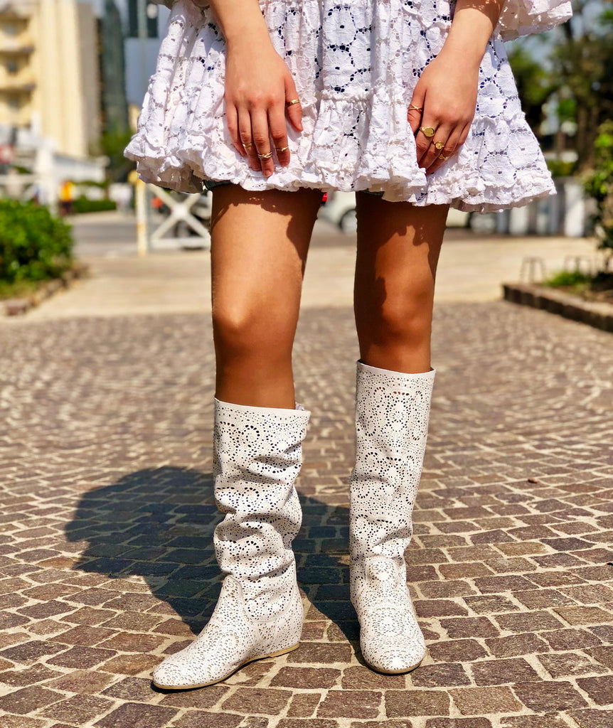 Lace-Style Perforated Boots with White Leather Inner Wedge - 2