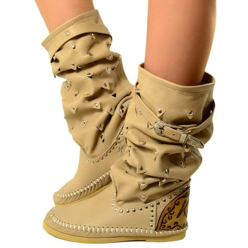 Native American Moccasin Boots Beige Summer Boots in Leather Made in Italy