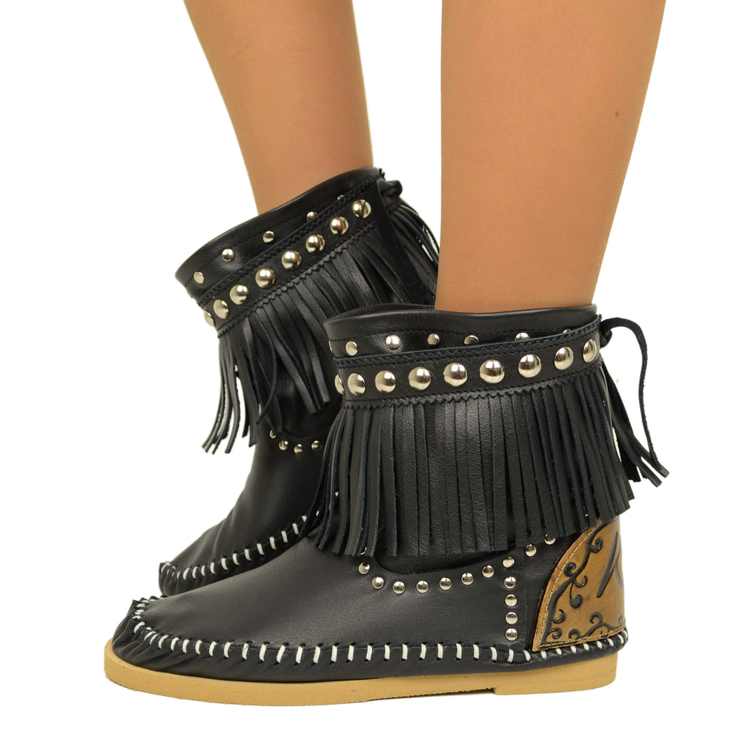 Indianini Black Women's Ankle Boots with Fringes Made in Italy