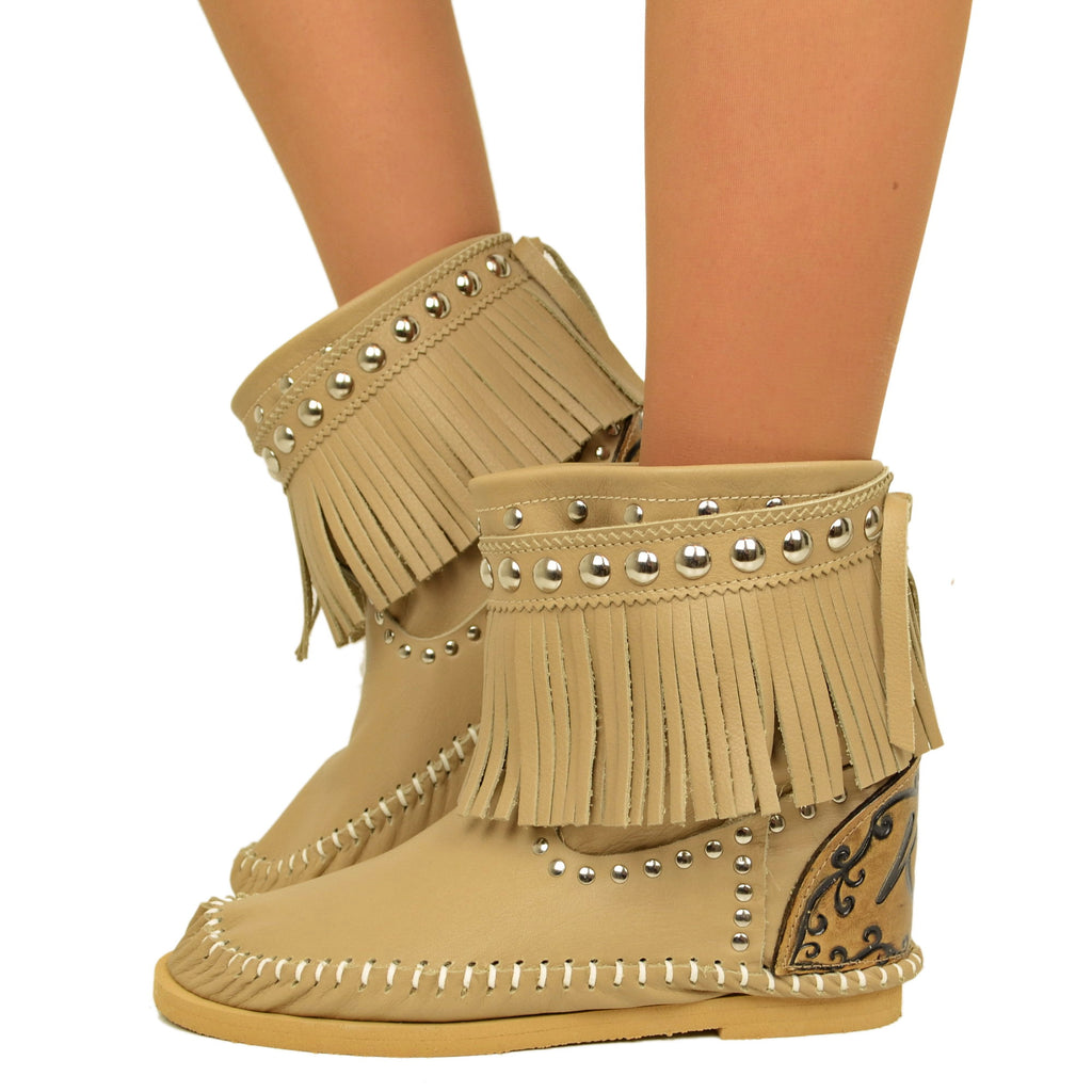 Indianini Beige Women's Ankle Boots with Fringes Made in Italy