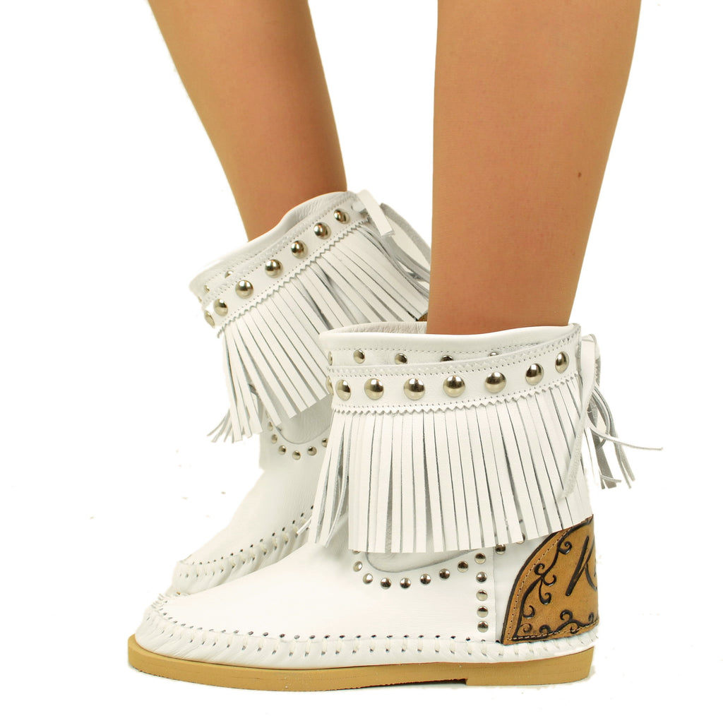 Indianini White Women's Ankle Boots with Fringes Made in Italy