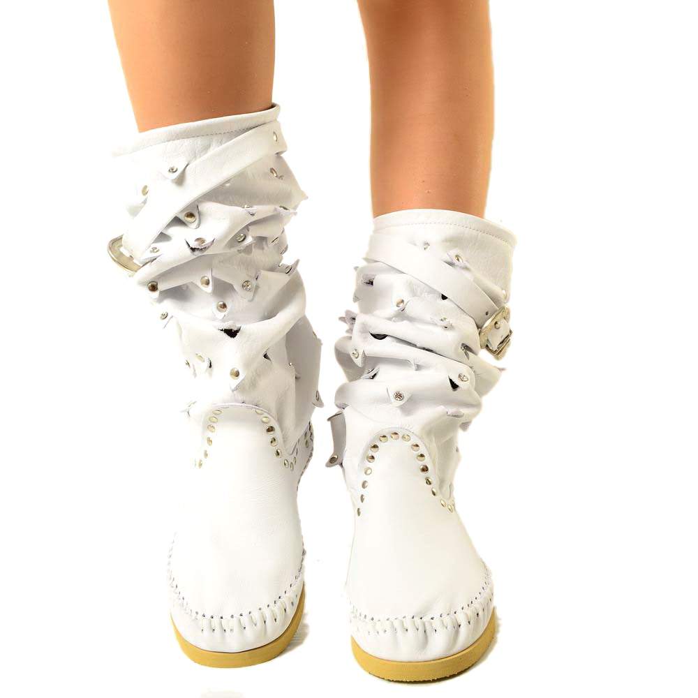 Native American Moccasin Boots White Summer Boots in Leather Made in Italy - 5
