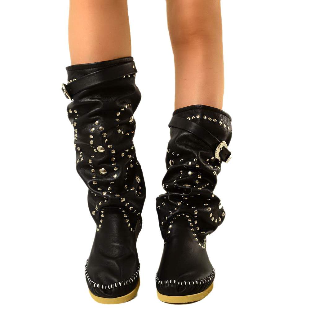 Native American Moccasin Boots Studded Soft Black Leather Original KikkiLine - 6