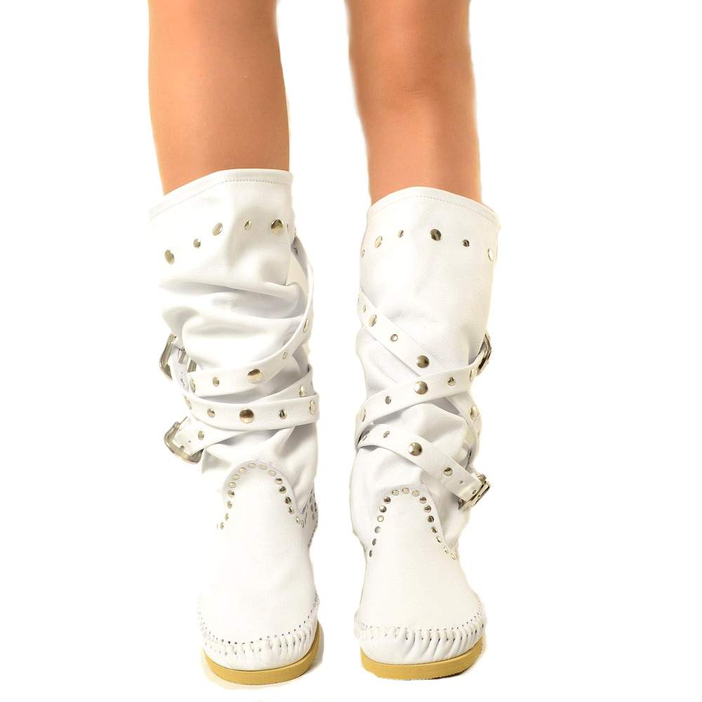 Native American Moccasin Boots White Leather with Original KikkiLine Buckles - 5
