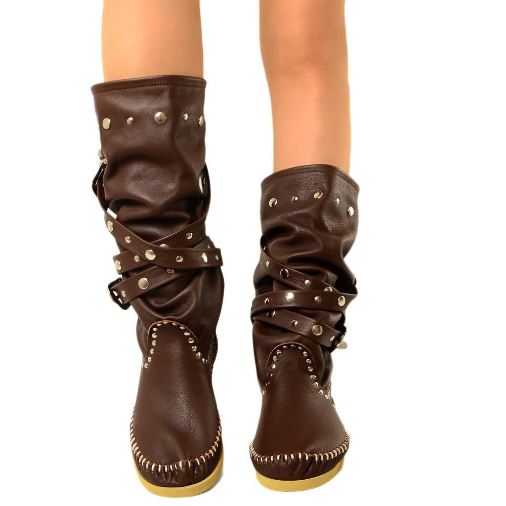 Native American Moccasin Boots Cocoa Leather with Original KikkiLine Buckles - 5