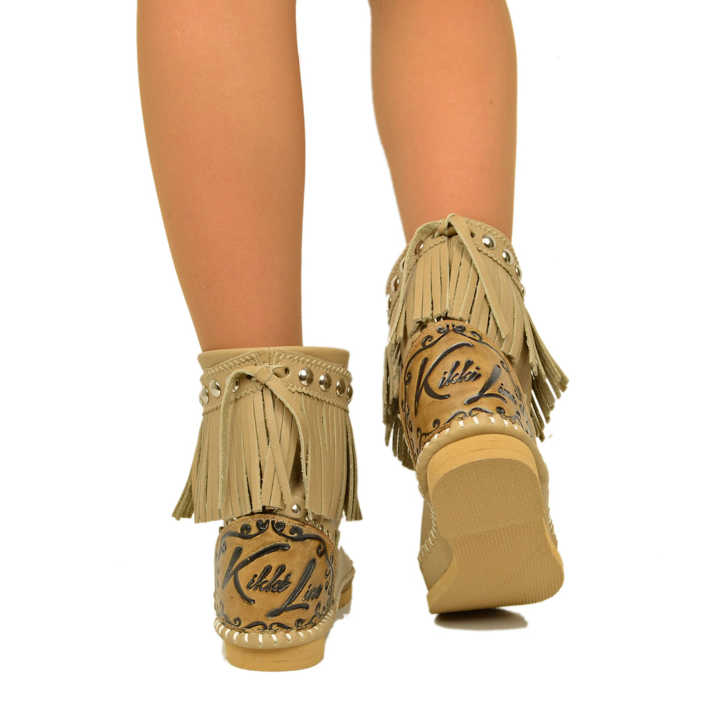 Indianini Beige Women's Ankle Boots with Fringes Made in Italy - 3