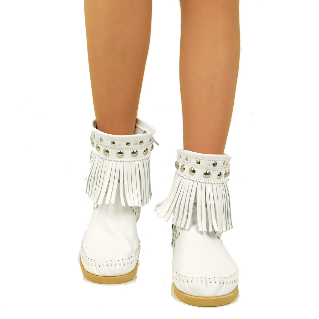 Indianini White Women's Ankle Boots with Fringes Made in Italy - 4