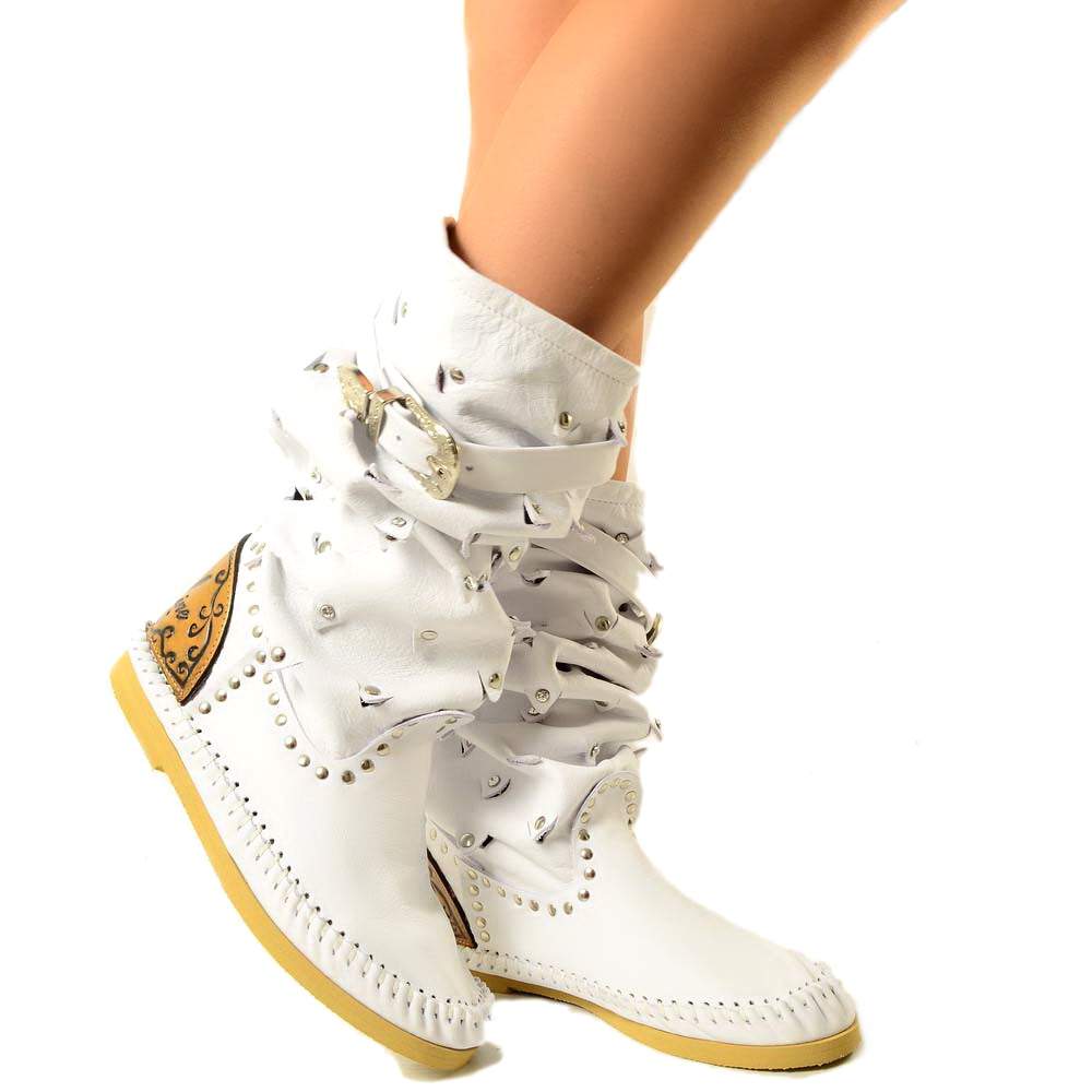 Native American Moccasin Boots White Summer Boots in Leather Made in Italy - 2