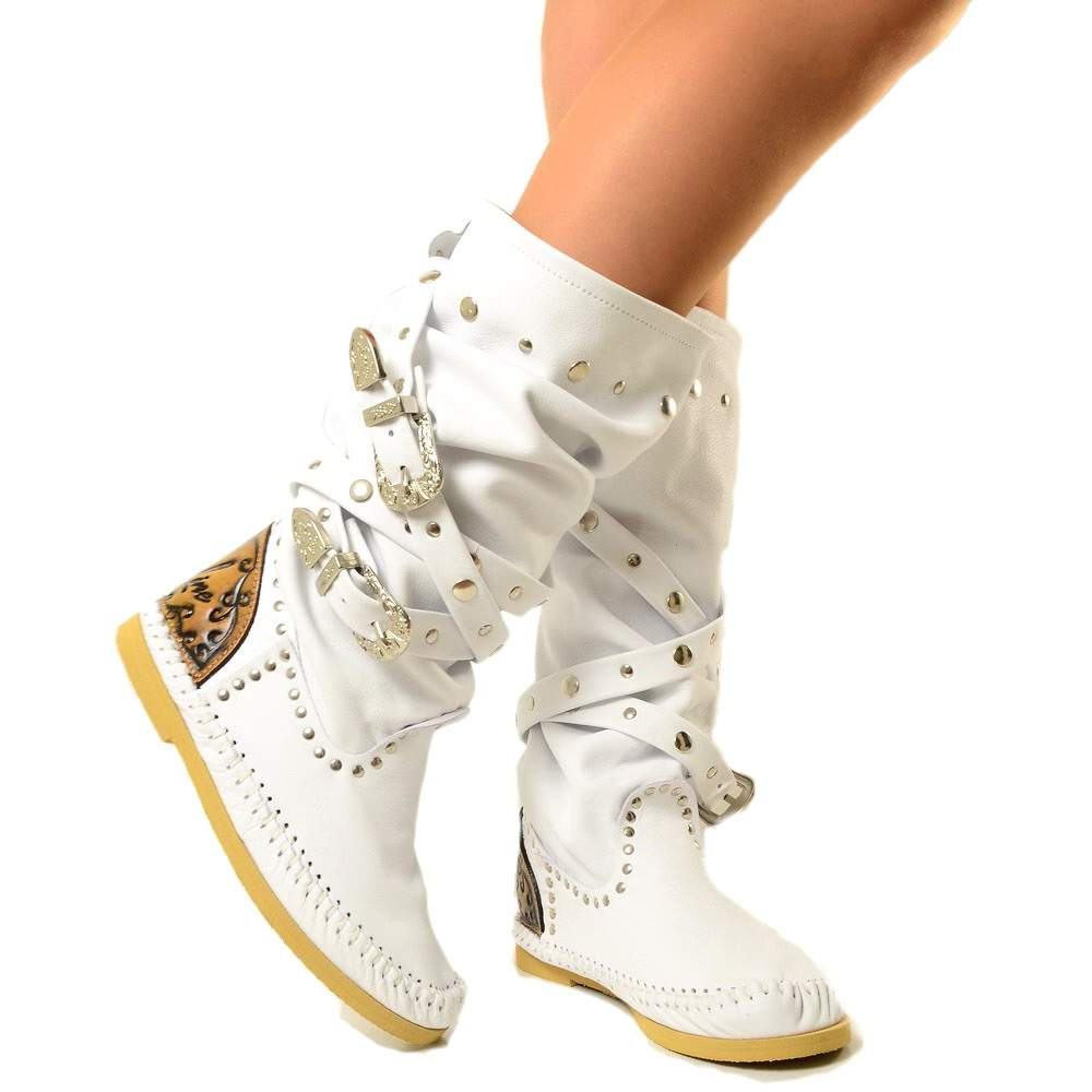 Native American Moccasin Boots White Leather with Original KikkiLine Buckles - 3
