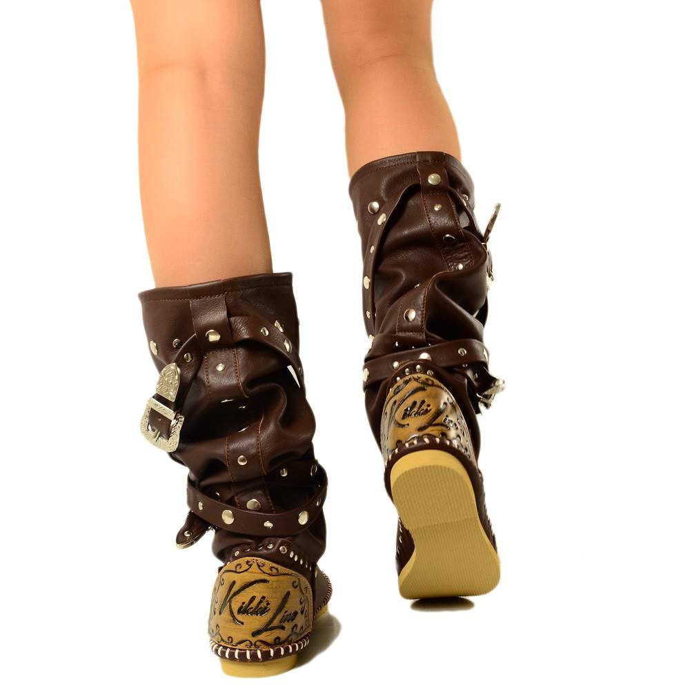Native American Moccasin Boots Cocoa Leather with Original KikkiLine Buckles - 4