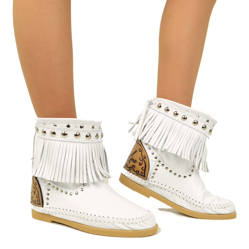 Indianini White Women's Ankle Boots with Fringes Made in Italy - 3