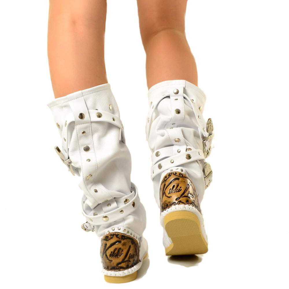Native American Moccasin Boots White Leather with Original KikkiLine Buckles - 4