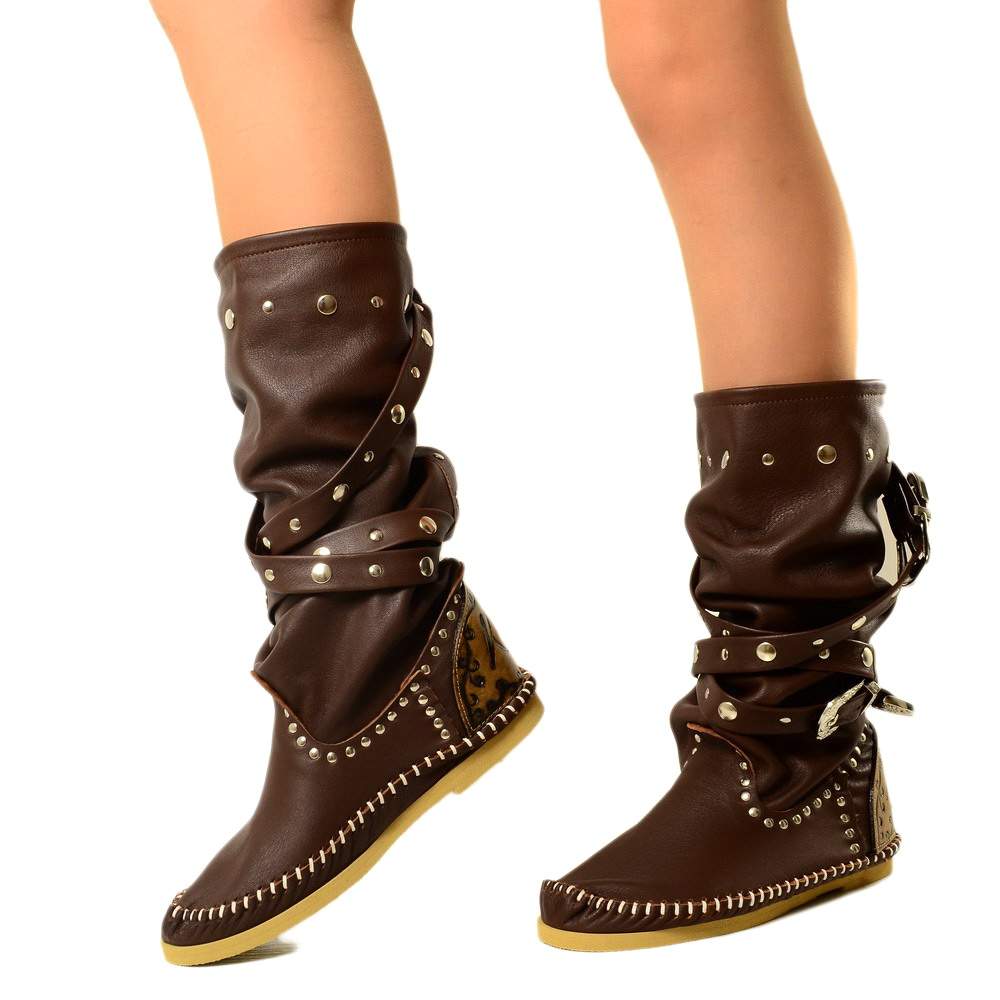 Native American Moccasin Boots Cocoa Leather with Original KikkiLine Buckles - 6