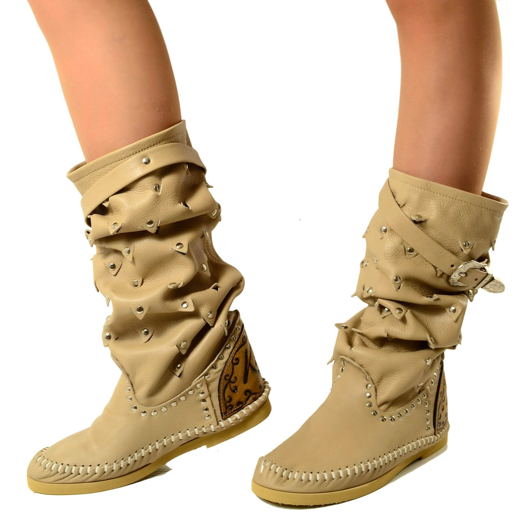 Native American Moccasin Boots Beige Summer Boots in Leather Made in Italy - 3