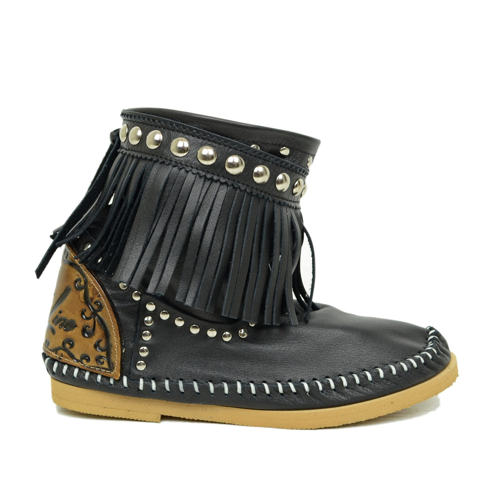 Indianini Black Women's Ankle Boots with Fringes Made in Italy - 4
