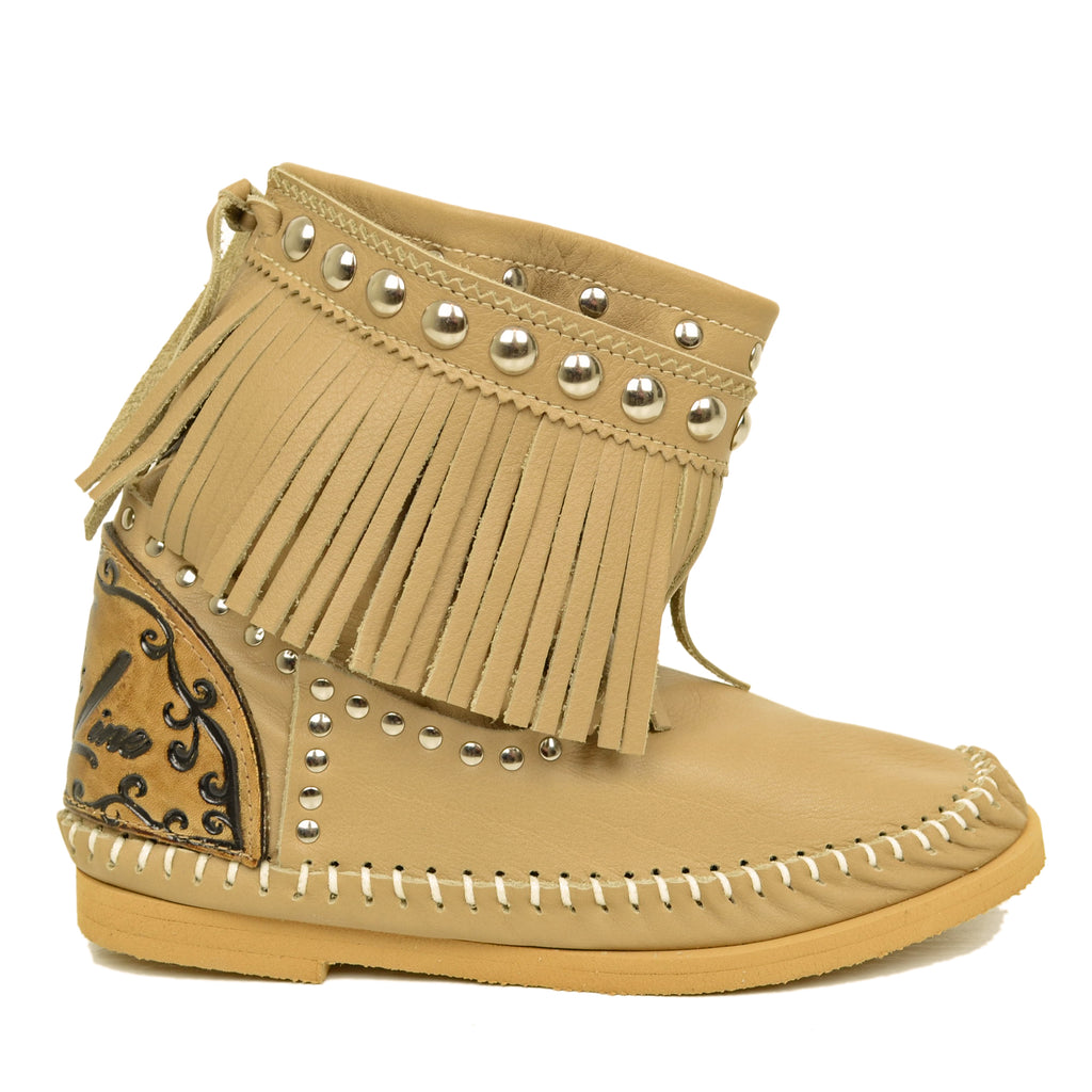 Indianini Beige Women's Ankle Boots with Fringes Made in Italy - 4