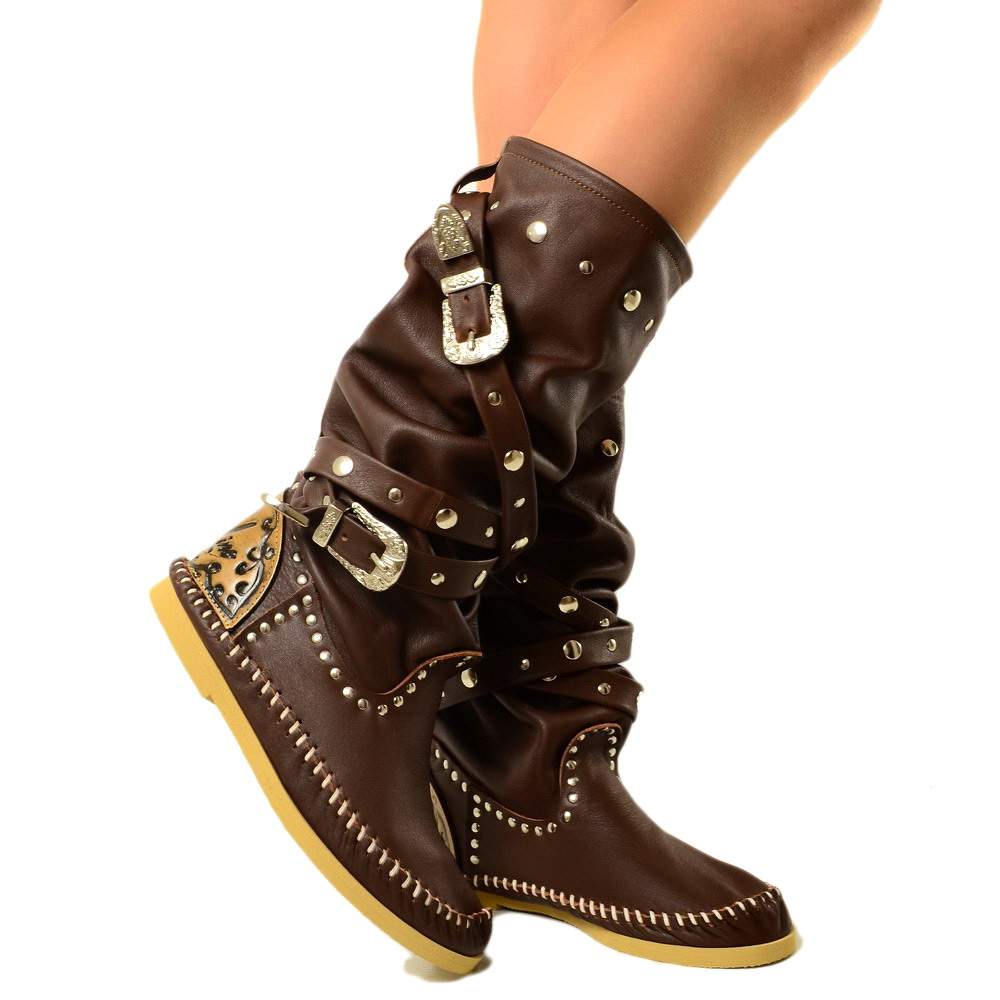 Native American Moccasin Boots Cocoa Leather with Original KikkiLine Buckles - 3