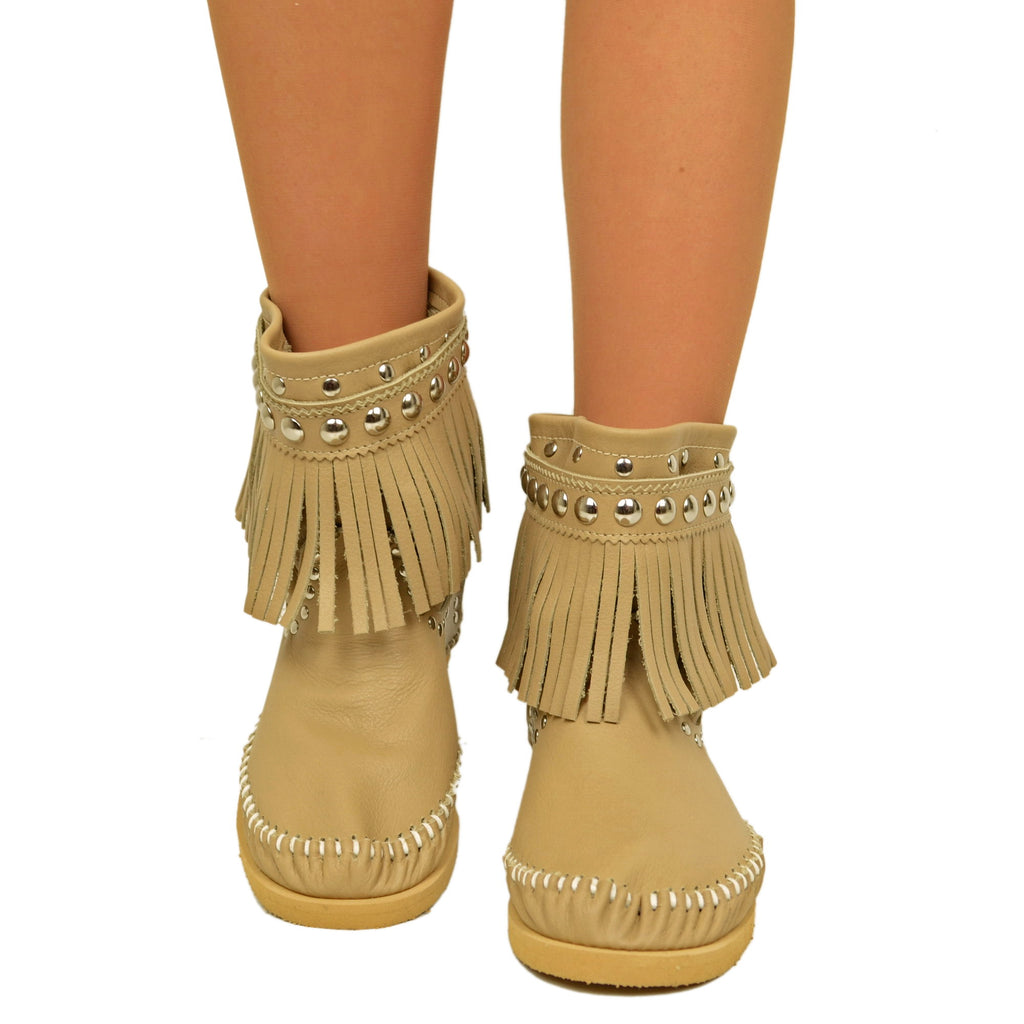 Indianini Beige Women's Ankle Boots with Fringes Made in Italy - 5