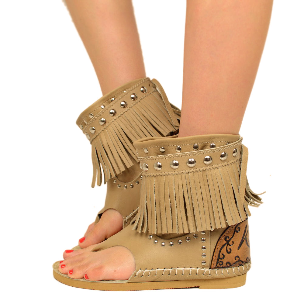 Women's Ankle Boots Indianini Leather Flip Flops with Fringes Made in Italy