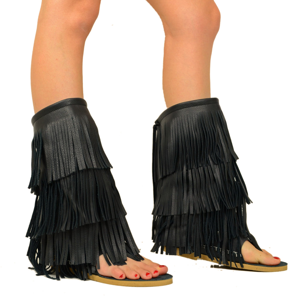 Women's Indianini Flip Flops Boots in Black Leather with Fringes - 3