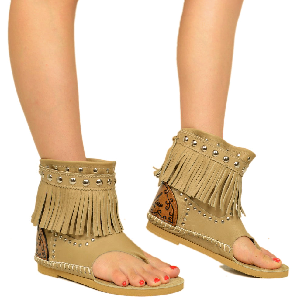Women's Ankle Boots Indianini Leather Flip Flops with Fringes Made in Italy - 3