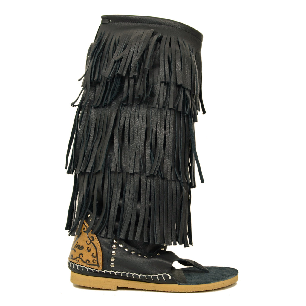 Damen-Stiefel Indianini Flip Flops aus schwarzem Leder mit Fransen - 7