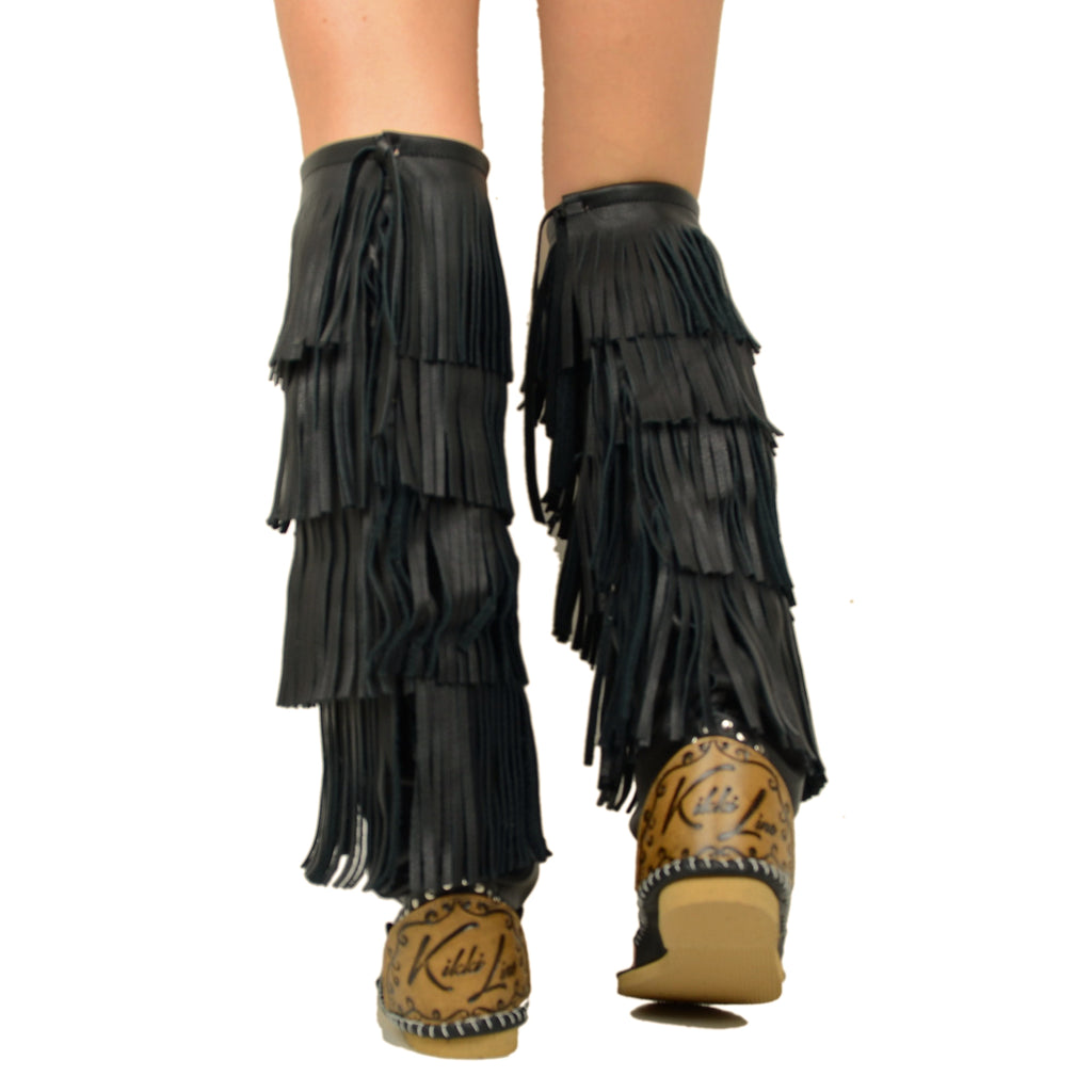 Women's Indianini Flip Flops Boots in Black Leather with Fringes - 6