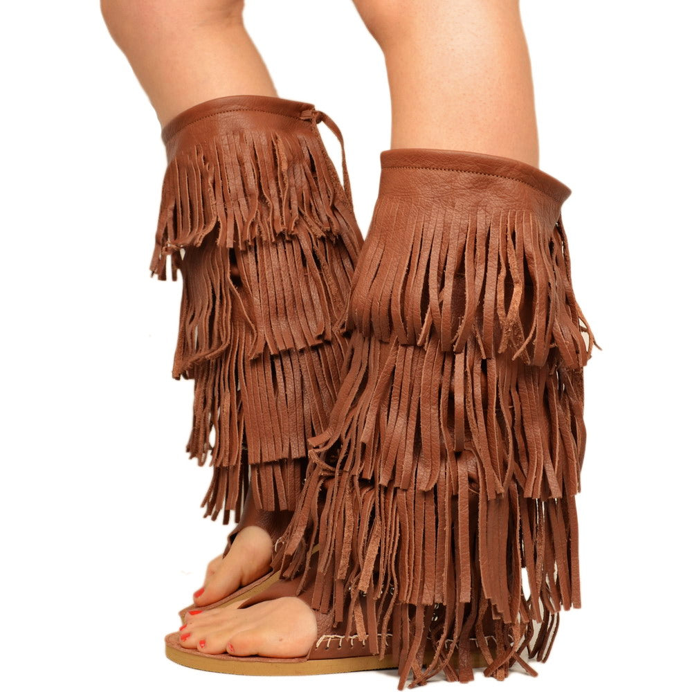 Women's Indianini Flip Flops Boots in Leather with Fringes