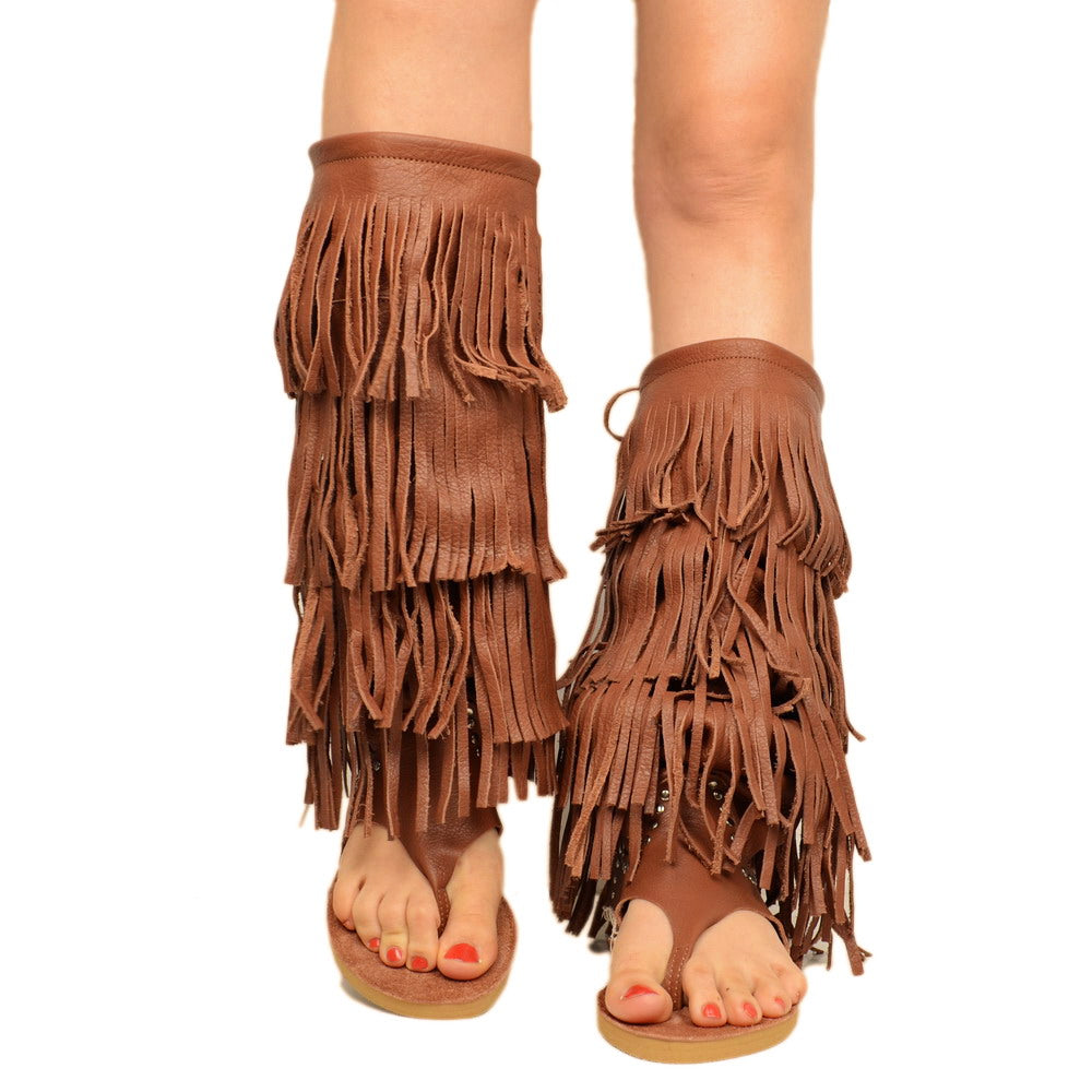 Women's Indianini Flip Flops Boots in Leather with Fringes - 5