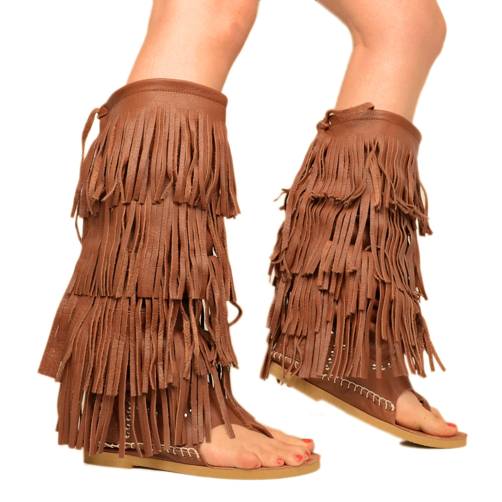 Women's Indianini Flip Flops Boots in Leather with Fringes - 3