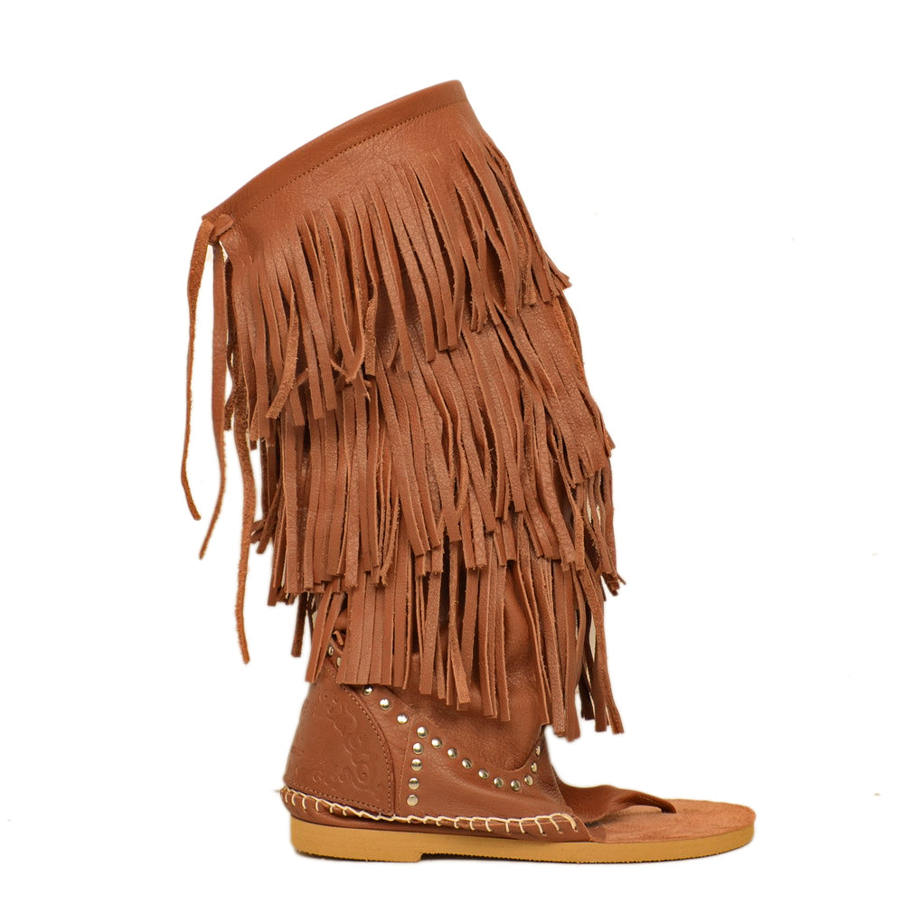Women's Indianini Flip Flops Boots in Leather with Fringes - 2