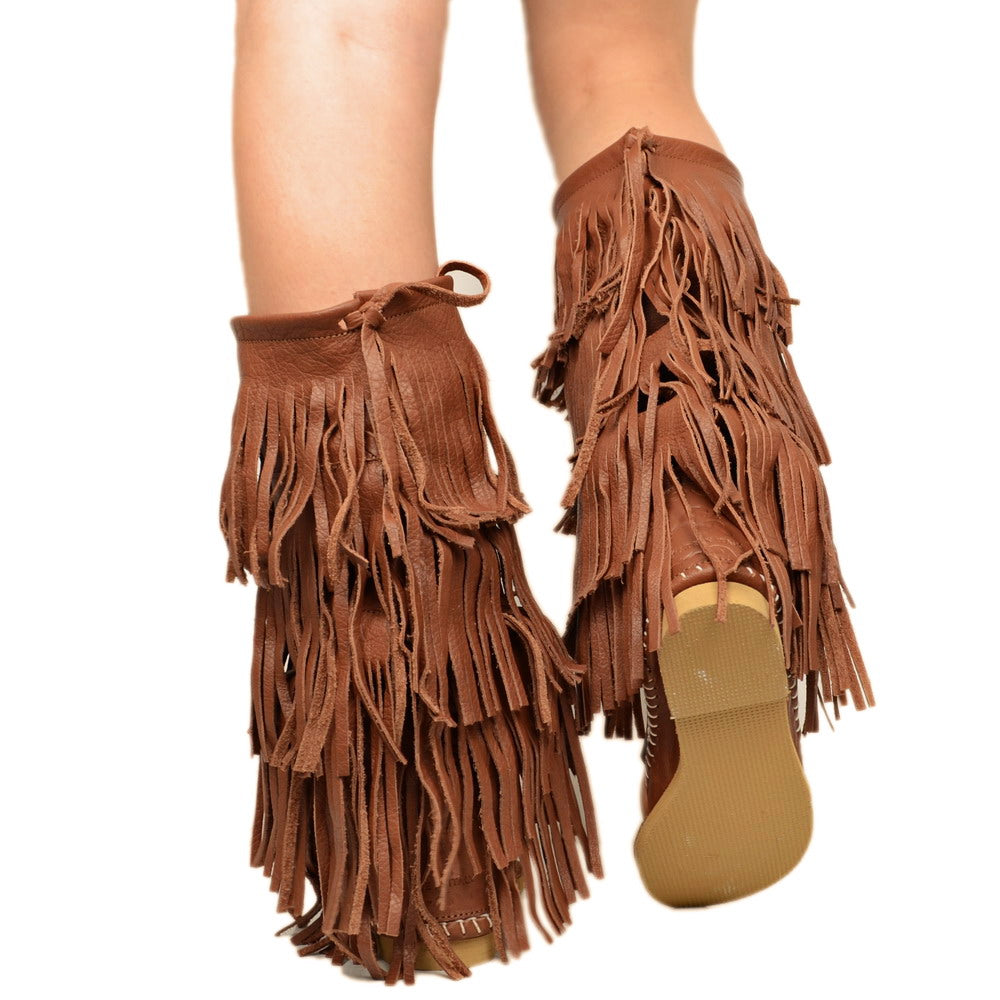 Women's Indianini Flip Flops Boots in Leather with Fringes - 4