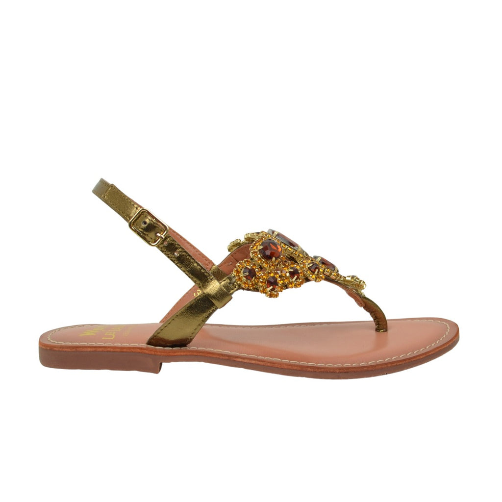 Damen-Sandalen, Flip-Flops, bronzefarben, niedriger Absatz mit Perlen - 2