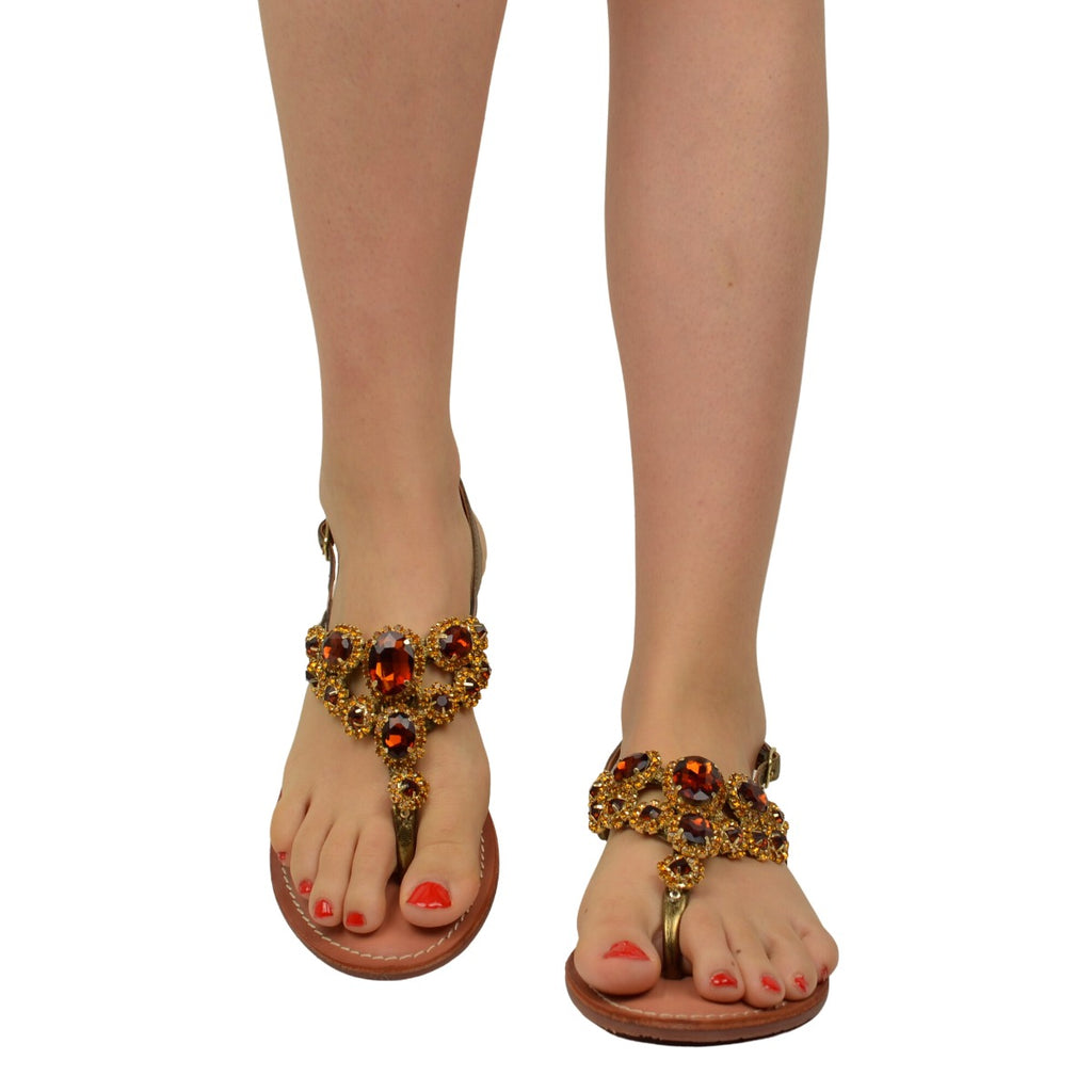 Damen-Sandalen, Flip-Flops, bronzefarben, niedriger Absatz mit Perlen - 3