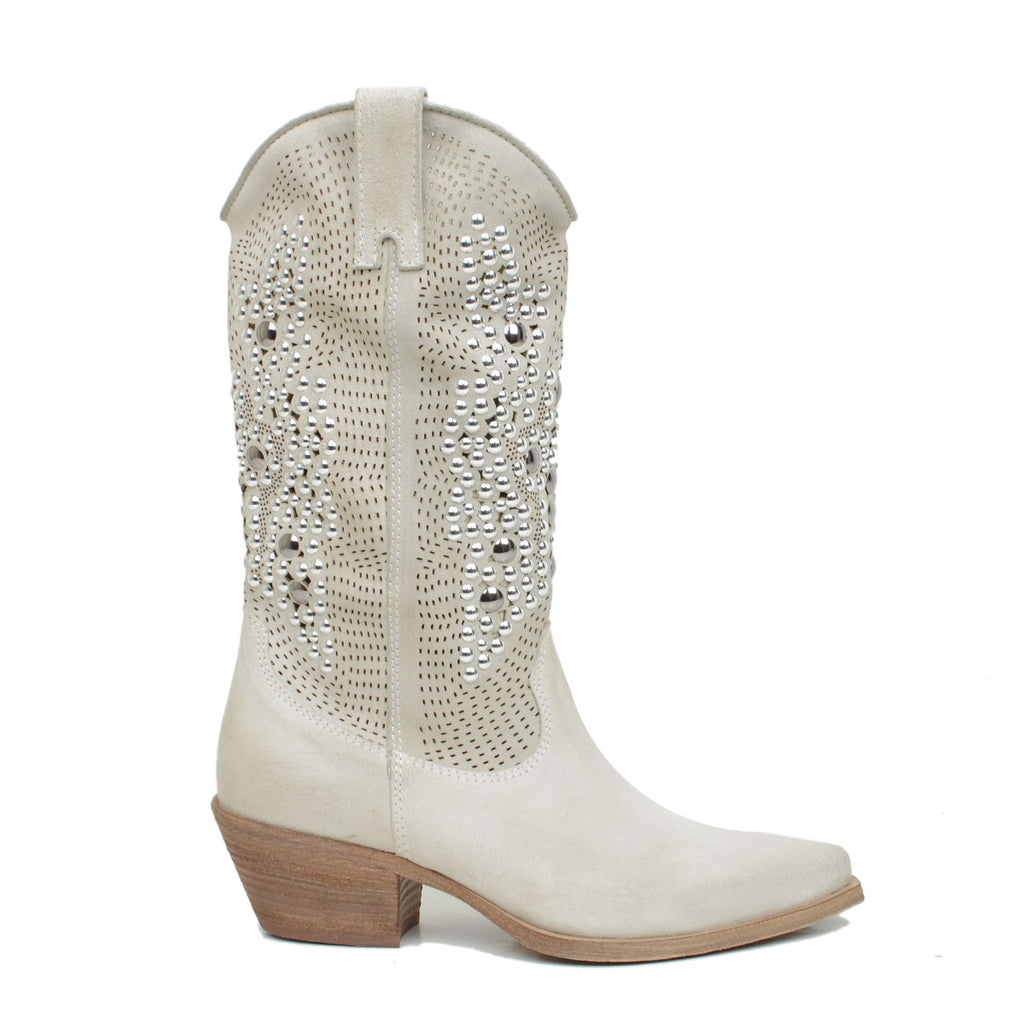 Offwhite Perforated Texan Boots in Suede Leather with Studs - 2