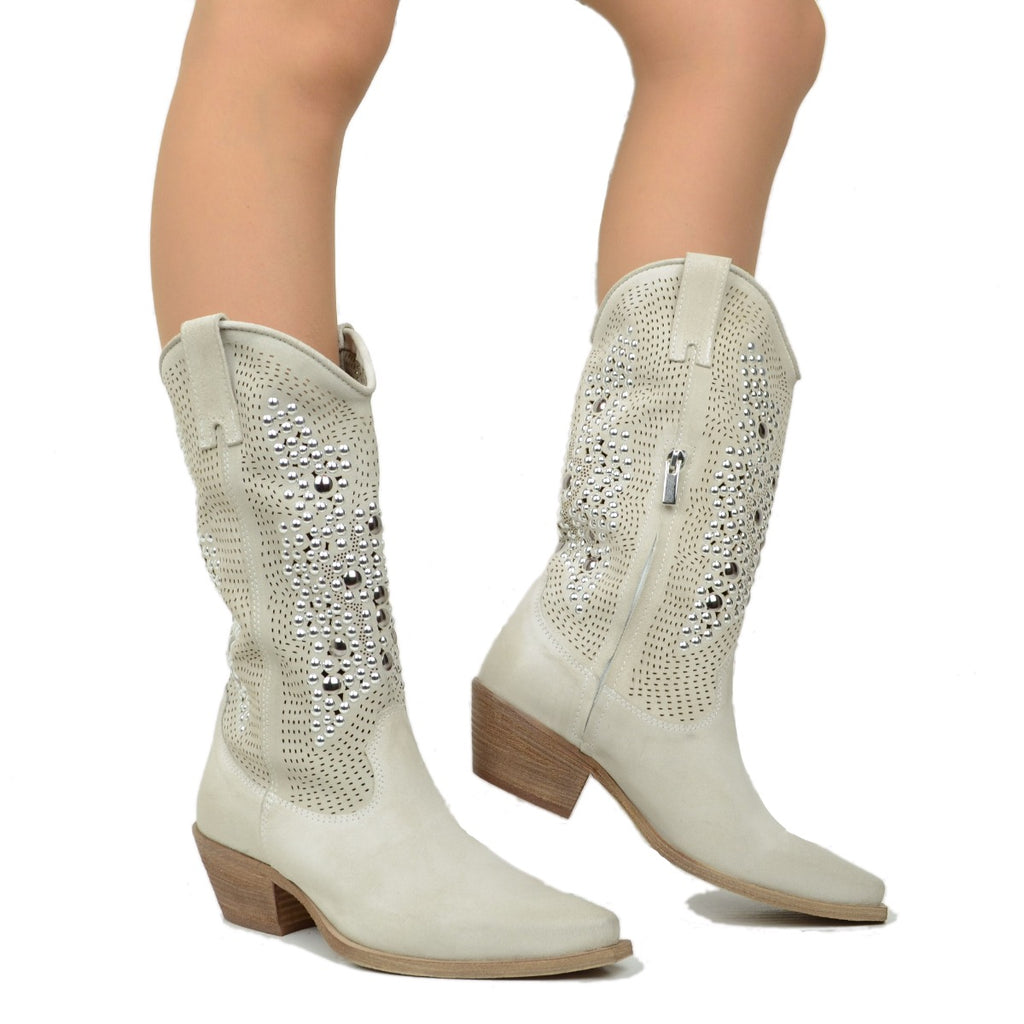 Offwhite Perforated Texan Boots in Suede Leather with Studs - 5