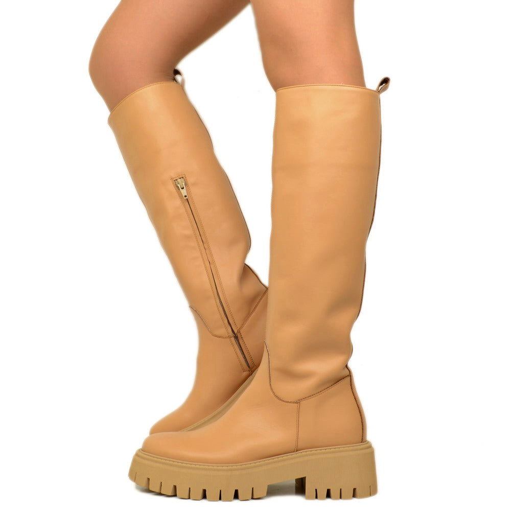 Damen-Lederstiefel mit Plateausohle, hergestellt in Italien