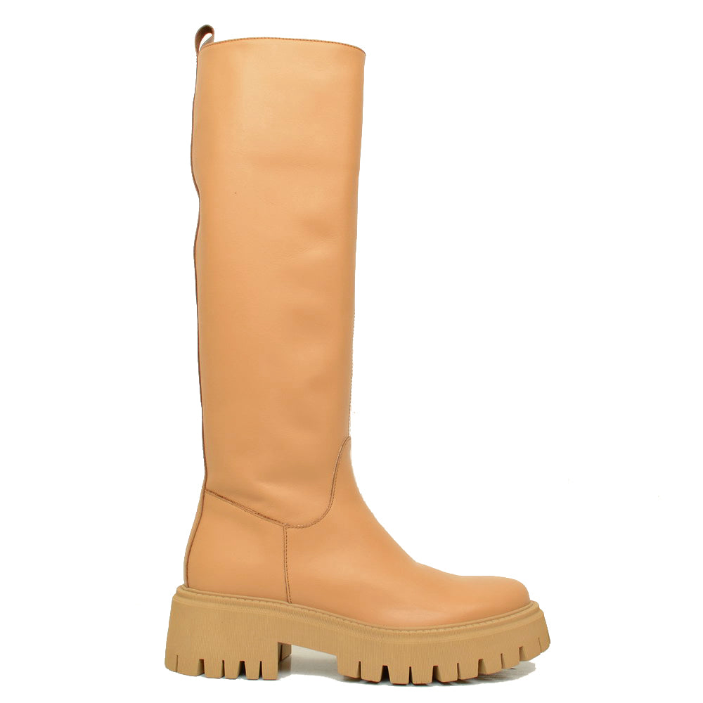 Damen-Lederstiefel mit Plateausohle, hergestellt in Italien - 2