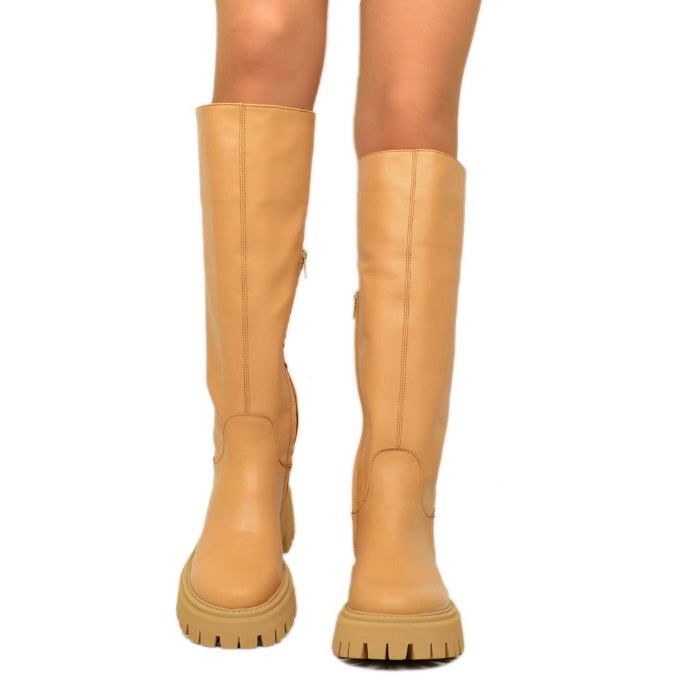 Damen-Lederstiefel mit Plateausohle, hergestellt in Italien - 5