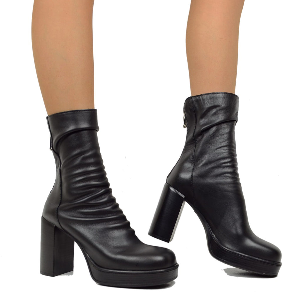 Schwarze Skinny-Lederstiefeletten für Damen mit Reißverschluss und Plateau - 4