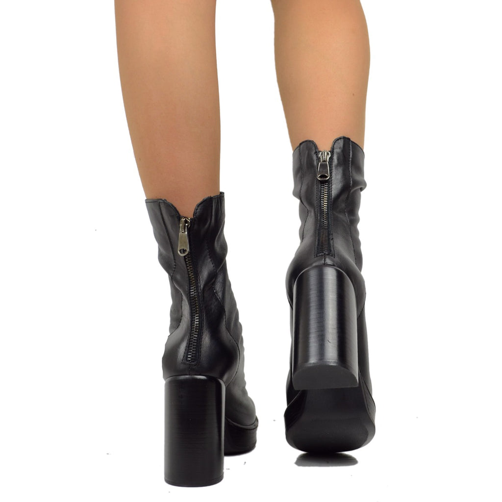 Schwarze Skinny-Lederstiefeletten für Damen mit Reißverschluss und Plateau - 5