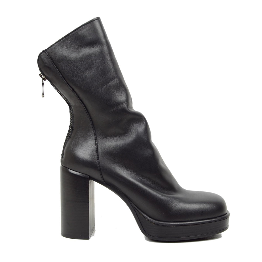 Schwarze Skinny-Lederstiefeletten für Damen mit Reißverschluss und Plateau - 2