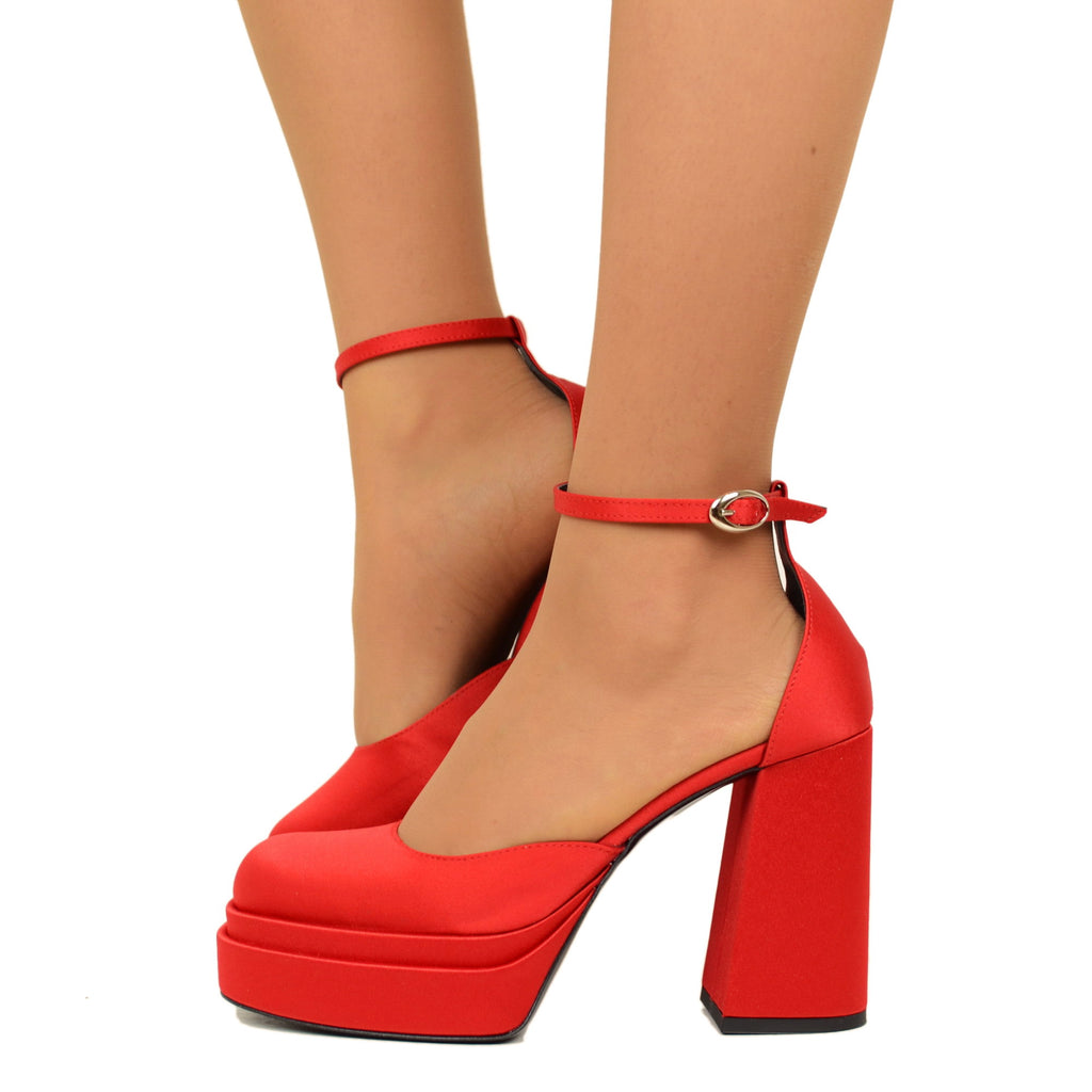 Women's Platform Sandals in Red Satin Fabric with High Heel