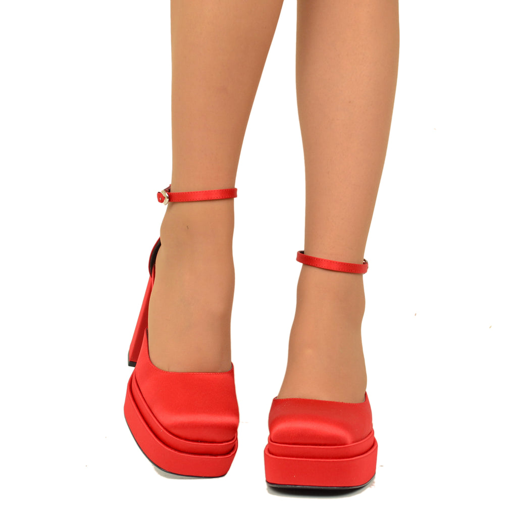 Women's Platform Sandals in Red Satin Fabric with High Heel - 4