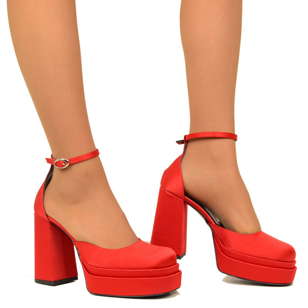Women's Platform Sandals in Red Satin Fabric with High Heel - 3