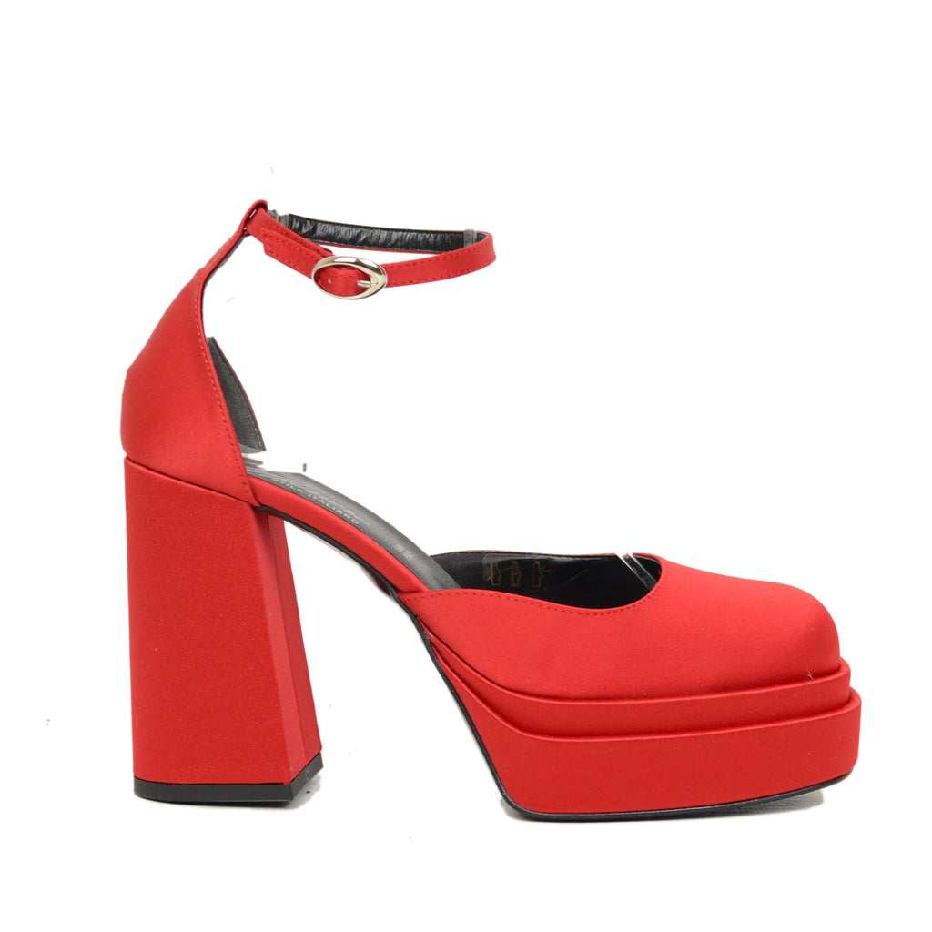 Women's Platform Sandals in Red Satin Fabric with High Heel - 2