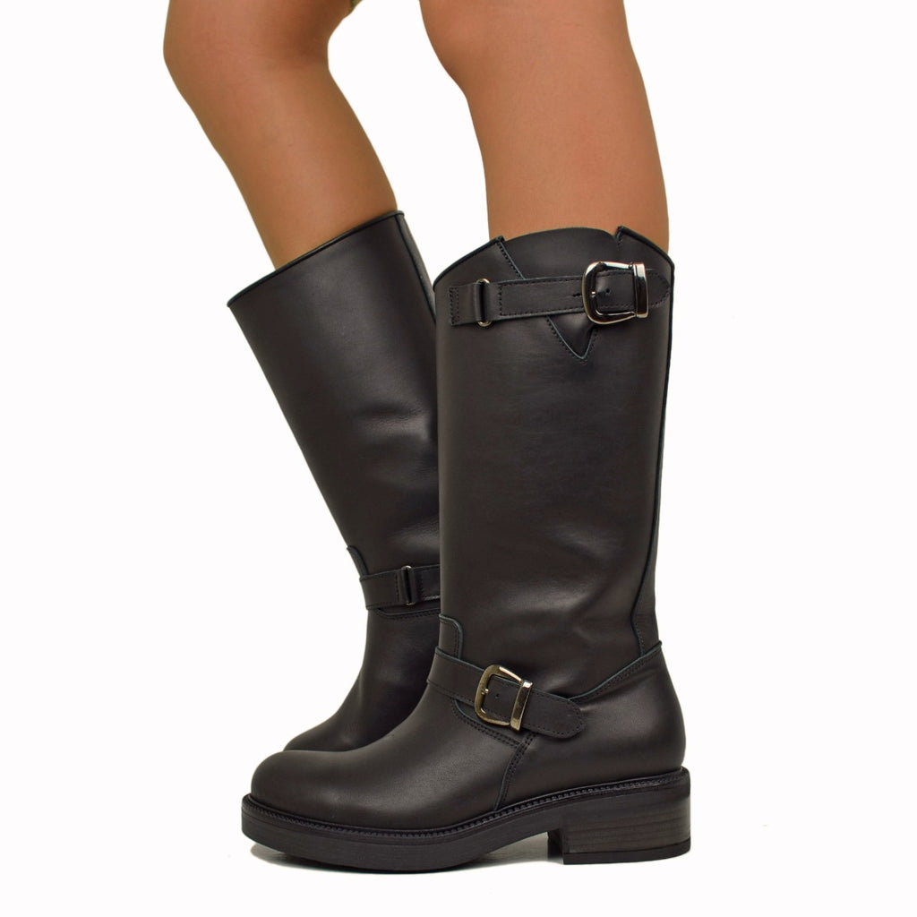 Police Women's Biker Boots in Black Leather Made in Italy