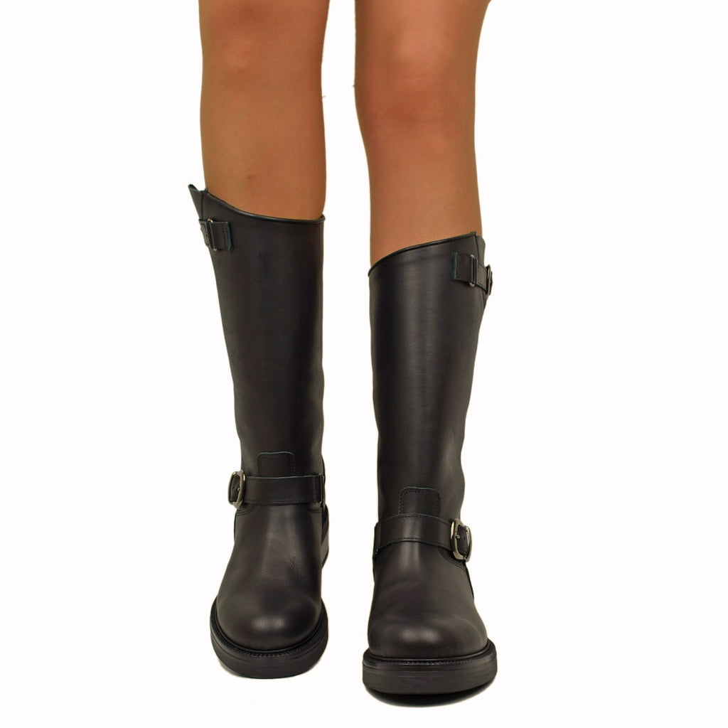 Police Women's Biker Boots in Black Leather Made in Italy - 3